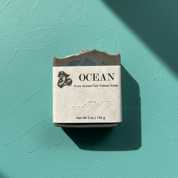 Ocean | Grass-Fed Tallow Soap Bar Blind Pirate Soap Co. Ocean brailled into the label