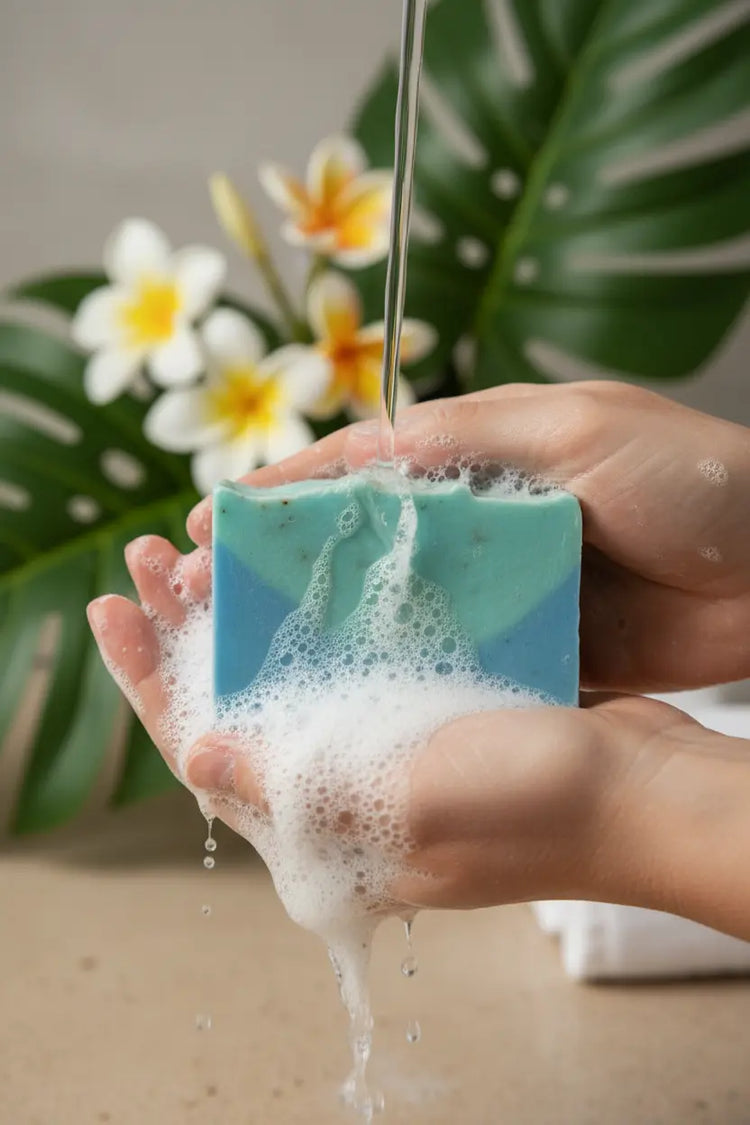 Soft blue Ocean soap in gentle turquoise tones creating creamy lather in hands with tropical flowers in spa background