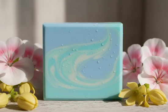 Close-up of soft blue swirled Ocean soap with gentle turquoise marbling, geranium and ylang ylang flowers in background