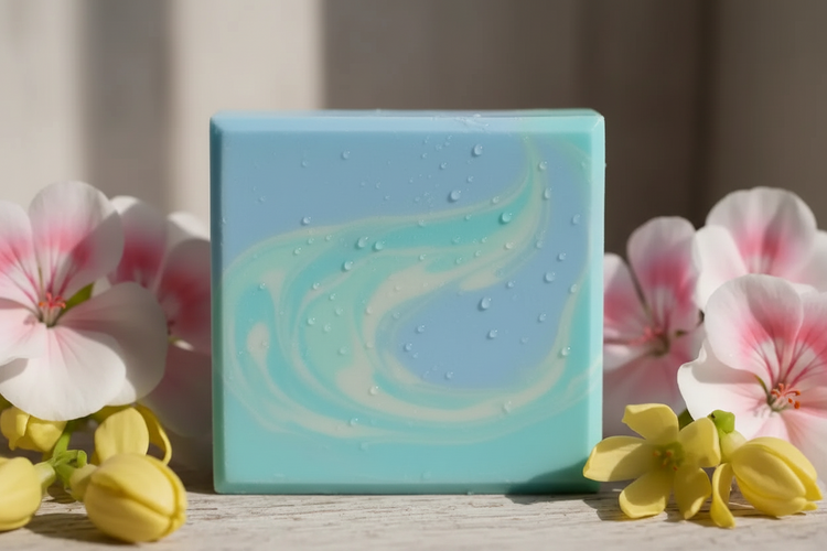 Close-up of soft blue swirled Ocean soap with gentle turquoise marbling, geranium and ylang ylang flowers in background