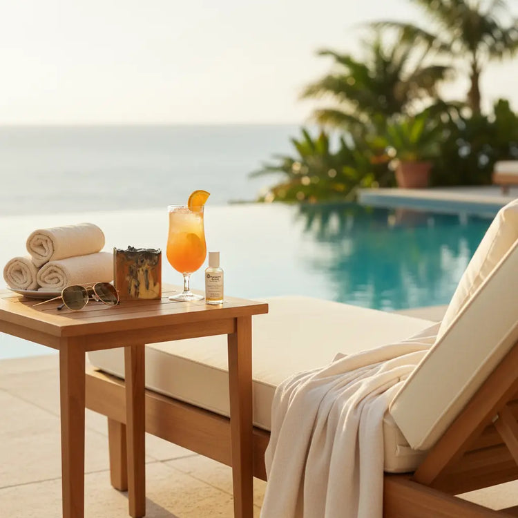 Orange Crush tallow soap bar on a teak chaise side table beside a tall citrus drink, lush foliage and glittering ocean stretching beyond.