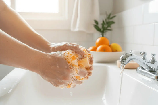 Orange Crush soap in vibrant bathroom with bright citrus atmosphere.