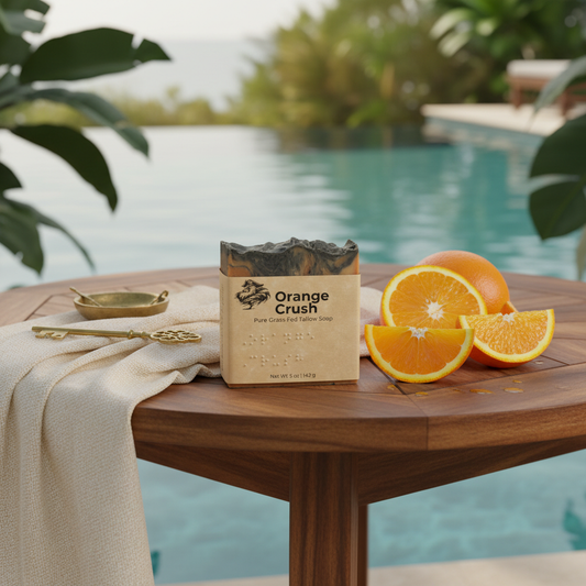 Orange Crush patchouli tallow soap bar on a teak table beside an infinity pool, fresh cut oranges and white towel, lush ocean beyond.