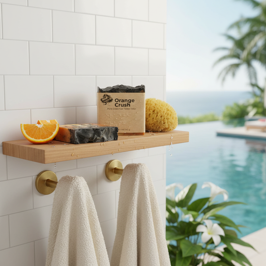 Orange Crush tallow soap bar on a high shelf in an outdoor shower, two towels on brass hooks, turquoise infinity pool glowing behind.