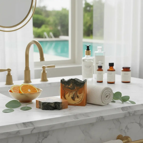 Orange Crush tallow soap bar on a marble spa counter with golden faucets, plush towel and essential oils, turquoise pool glowing through the window.