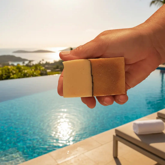 Orange Crush Infinity Pool Soap Bar over looking a tropical paradise.