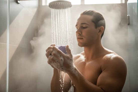 Patchouli - Post Workout Person using patchouli soap after workout in energizing shower with steam and athletic atmosphere