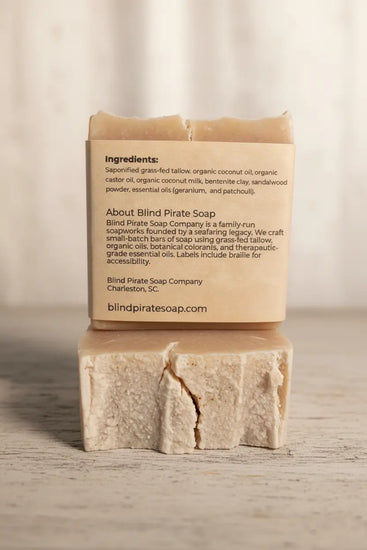 Petals & Loam — Back Panel clearly showing ingredients and About Blind Pirate Soap story, two bars stacked.