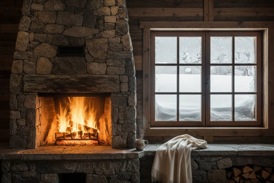 Petals & Loam | Luxury Alpine Fireplace glows beside a cozy window seat, thick snow banked deep outside.