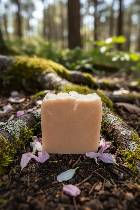 Petals & Loam | Unwrapped Petals & Loam bar resting on dark loamy earth, wild petals and spring flowers blooming all around.