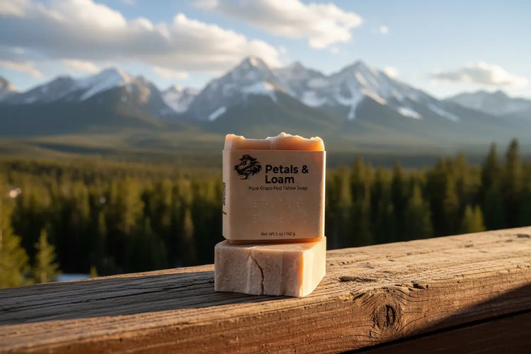 Two Petals & Loam bars stacked on a weathered fence post, golden evening light glowing, majestic mountains beyond.