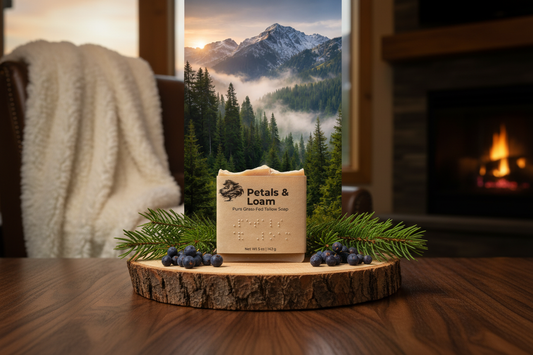 Petals & Loam - Ski Lodge Interior, soap nestled on a pine tray by a crackling ski lodge fire, cashmere throw close by.
