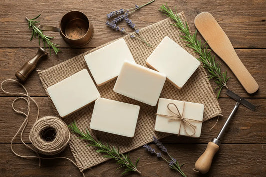 Plain Tallow - Handcrafted Plain tallow soap Plain tallow soap on rustic wood with natural burlap, simple twine and vintage soap-making tools