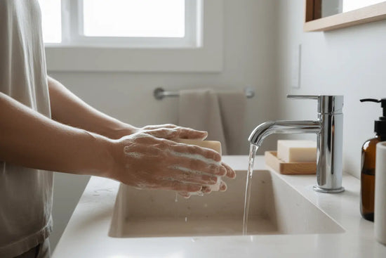 Plain Tallow - Minimalist Person using plain tallow soap in minimalist bathroom with pure simple aesthetic and natural light