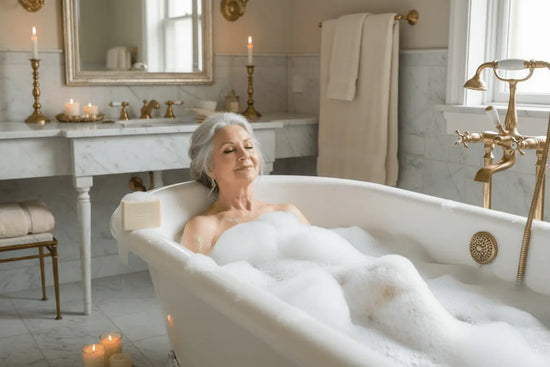 Plain Tallow - Pure Traditional Plain tallow soap being used by a beautiful elderly woman soaking in a bubble bath
