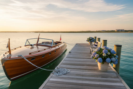 Private Dock with wooden classic yacht, hydrangeas and Nantucket Island in the back ground.