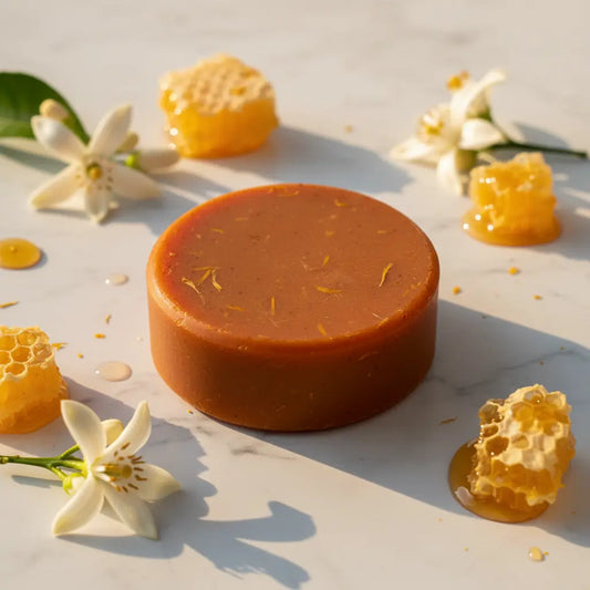 Sovereign Gold Shampoo Bar — Blind Pirate Soap Company - Full Measure Bar sits in the warm sunshine on a block a marble.