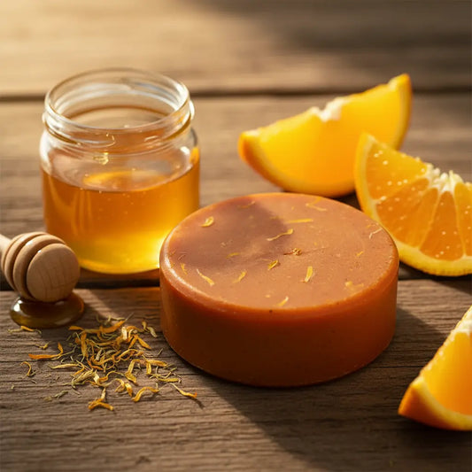 Sovereign Gold Shampoo Bar — Blind Pirate Soap Company. Rustic Wood Clean orange slices and honey glowing in the sun along with a Full Measure sized round shampoo bar.