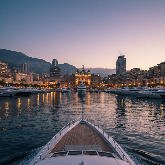 Driftwood & Stone | Monaco at dusk, harbour lights dancing on the water as a yacht's foredeck glides silently into the marina.
