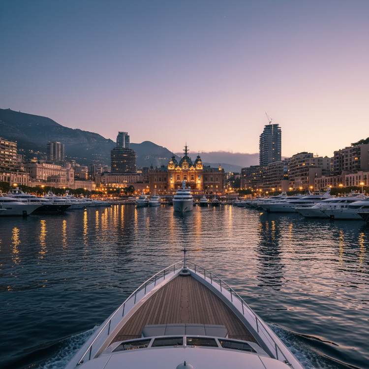 Driftwood & Stone | Monaco at dusk, harbour lights dancing on the water as a yacht's foredeck glides silently into the marina.