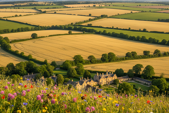 Rolling golden oat fields bordered by dark green hedges, a sunny meadow of wildflowers glowing in the warm summer foreground beyond. The Manor house is just below the hill.