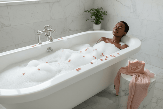 Rose Clay - dark skinned woman lays back in a luxurious bathtub with thick  bubbles and scattered with rose petals.  An extra large bar of rose clay rests on the marble stool next to her.