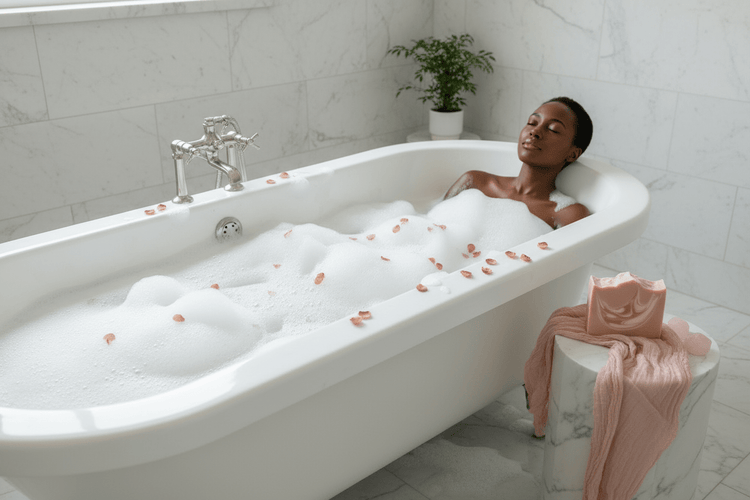 Rose Clay - dark skinned woman lays back in a luxurious bathtub with thick  bubbles and scattered with rose petals.  An extra large bar of rose clay rests on the marble stool next to her.