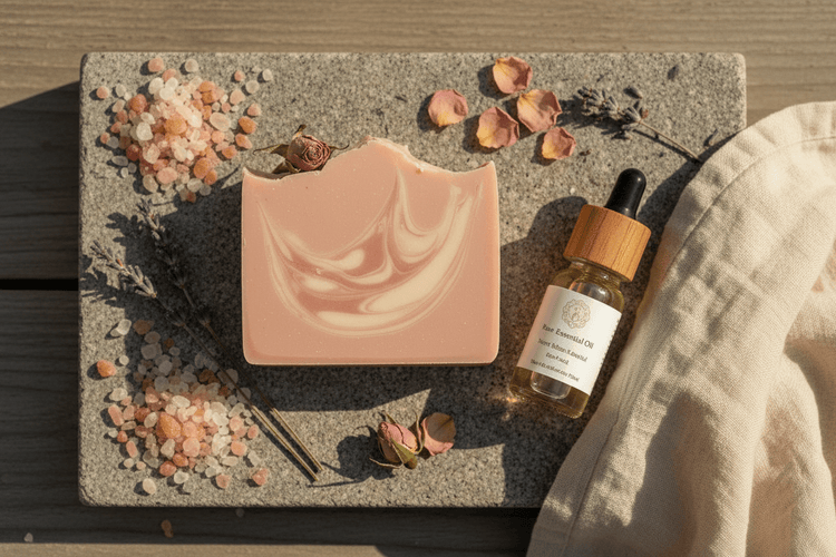 Rose Clay - Earthy Pink Rose clay soap on natural stone with pink Himalayan salt, dried botanicals and organic cotton
