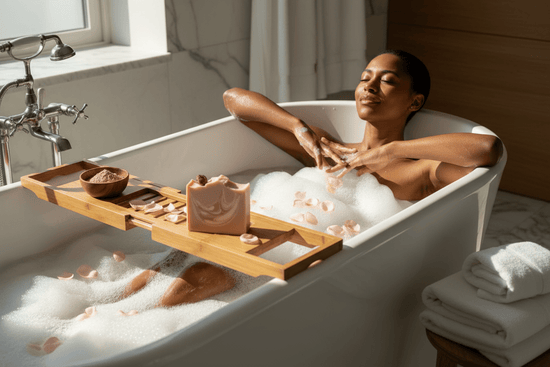 Rose Clay - Natural Rose clay soap being enjoyed in a lush bathtub with lots of bubbles, by a dark skinned woman relaxing in peace.