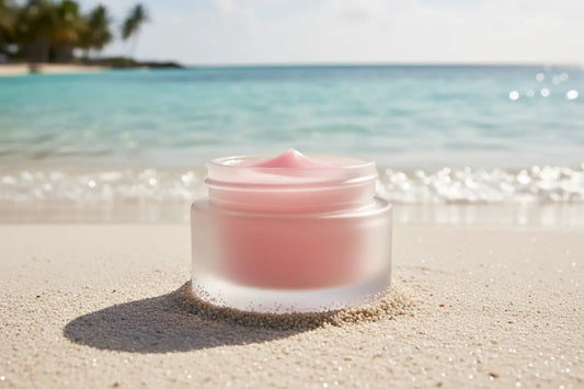 Ditch Kit rose tinted lip balm by Blind Pirate Soap Co resting on white sand with crystal clear Caribbean turquoise water in the background.