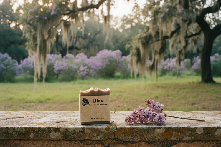 Blind Pirate Lilac soap bar on lichened stone ledge, dried lilac sprig alongside, golden hour light, Lowcountry ruins in soft focus

