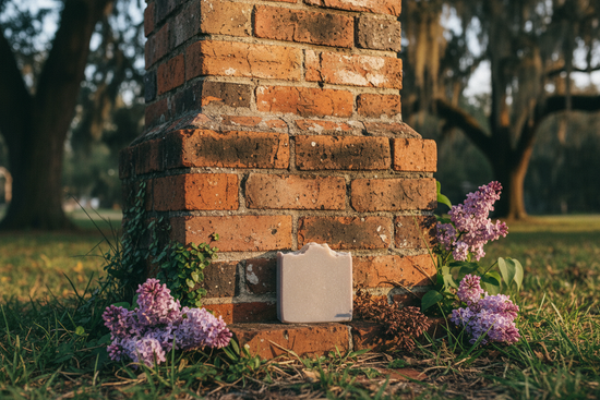 Unwrapped Blind Pirate Lilac tallow soap bar at base of solitary brick chimney stack, wild lilac blooms, Spanish moss oaks, golden hour

