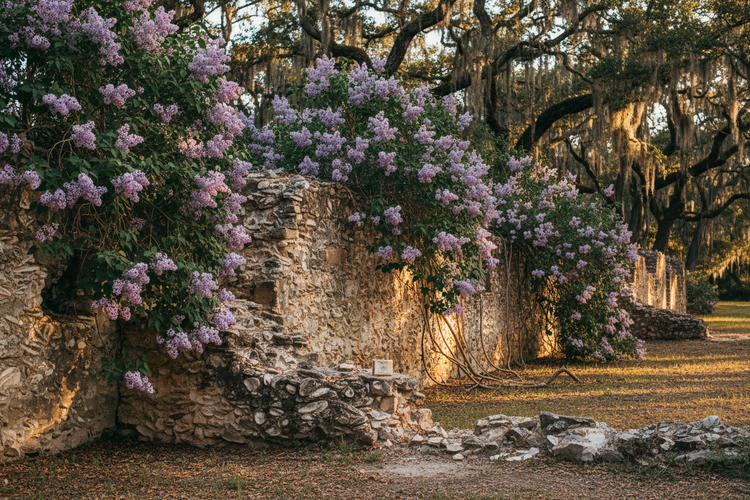 Blind Pirate Lilac soap bar resting on stone ruins overtaken by wild lilac blooms, Spanish moss-draped live oaks, golden hour light

