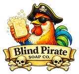 colorful rooster wearing a pirate hat, holding a bar of handmade grass-fed tallow soap made with organic ingredients. 
