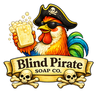 colorful rooster wearing a pirate hat, holding a bar of handmade grass-fed tallow soap made with organic ingredients. 