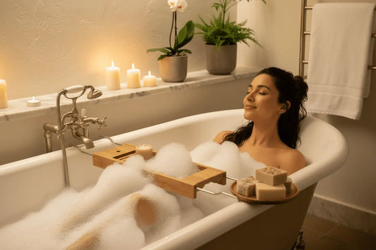 show a gorgeous latino woman having a bubble bath using this soap