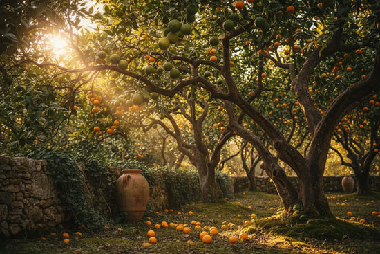 Sicilian Citrus Grove | Warm golden light filtering through a sun-dappled orange grove, ripe fruit glowing among the rustling leaves.