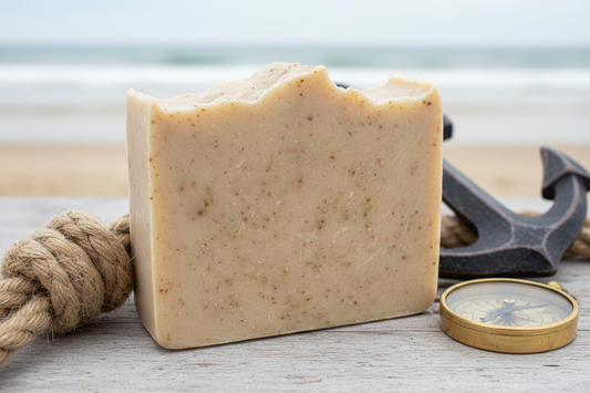 Bar of soap with a compass and rope on a wooden surface with a blurred beach background