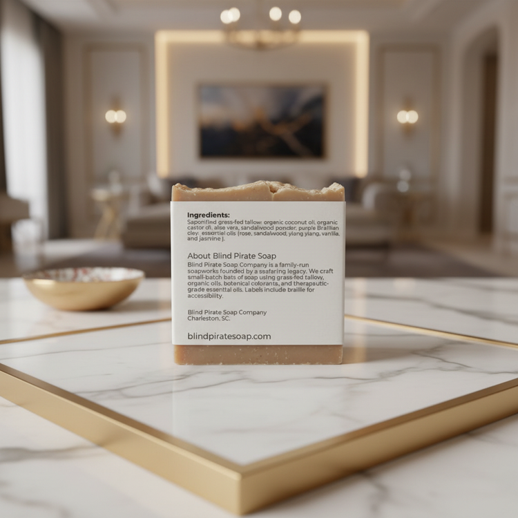 Silk & Salt back panel clearly showing ingredients and Blind Pirate Soap Company story, warm exotic light all around.