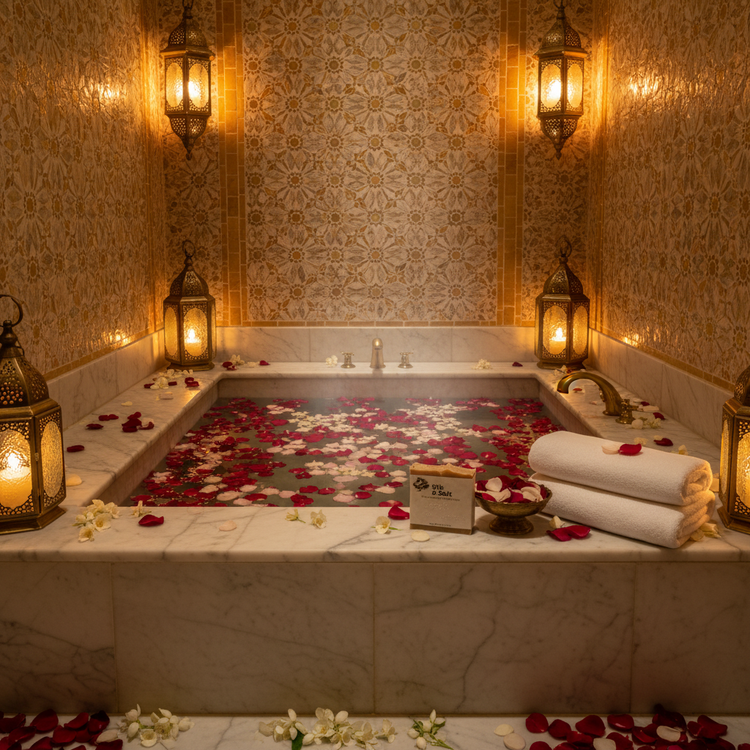 Silk & Salt — Dubai Hammam Spa strewn with rose petals awaits, Silk & Salt bar poised at the edge, pure indulgence within reach.