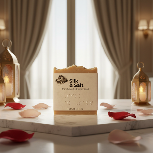 Silk & Salt — Silk & Salt front panel rests on cool marble, flickering oil lamps casting a warm exotic glow through an opulent suite.