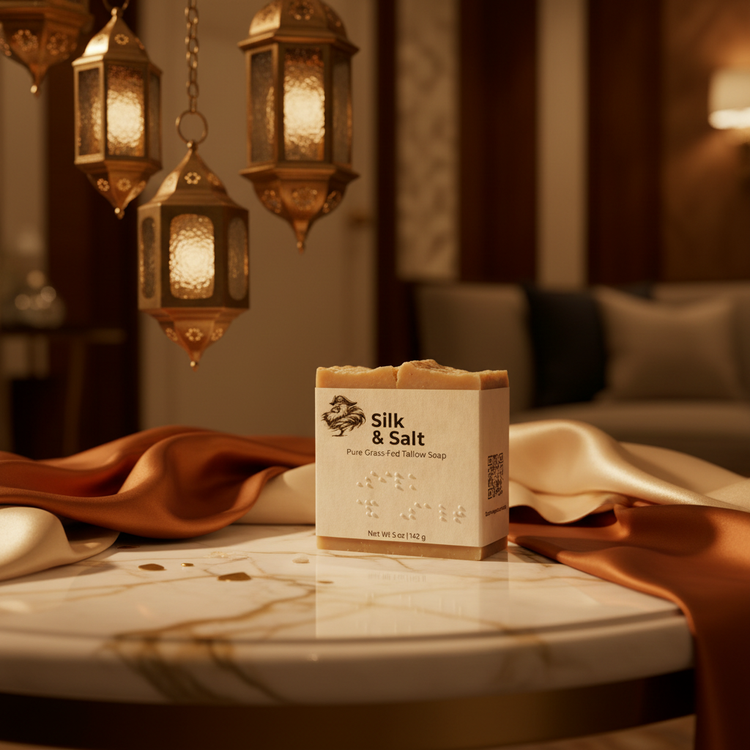 Silk & Salt — bar rests on a table, rich silk fabric draped luxuriously behind, soft light catching every fold.