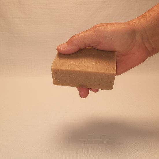 Rustic cut Silk & Salt grass-fed tallow soap bar, warm sandy tan with fine salt texture. Blind Pirate Soap Co