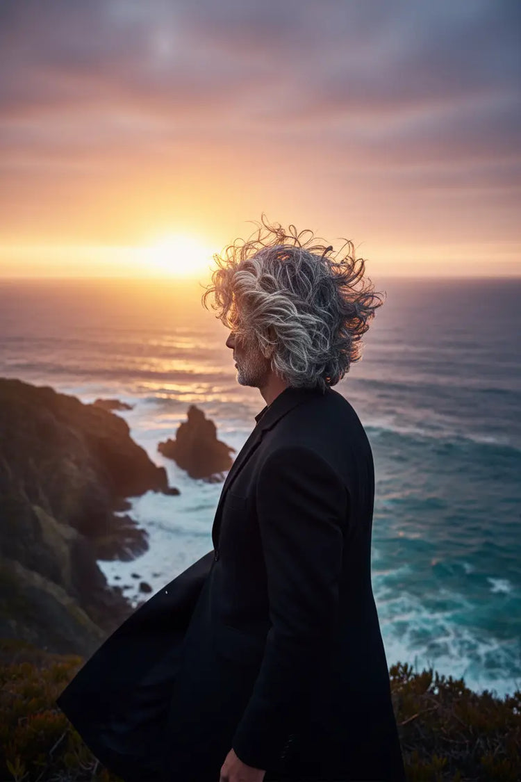 Silver Male standing on top of a sunset cliff, with gorgeous ocean water and very healthy hair.