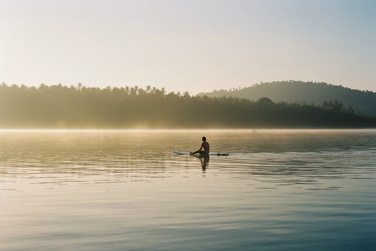 Surfer Suds | A surfer sitting on their board in still water, waiting for sets at Siargao — patience before the perfect wave.
