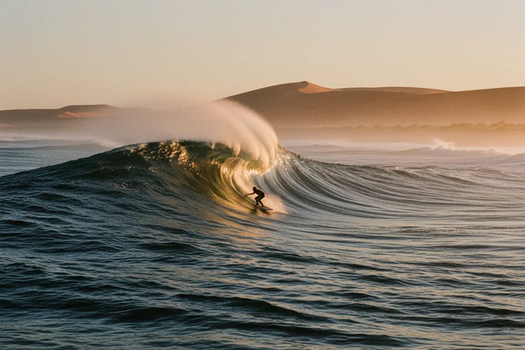 Surfer Suds | A lone surfer threading the barrel at Skeleton Bay, Namibia — dawn light electric on the wave's glassy wall.