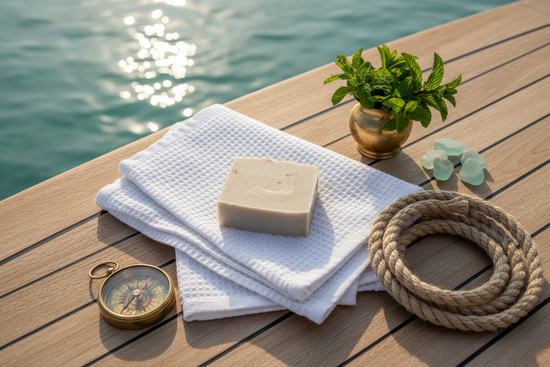 Spearmint Reef Deck Flat Lay with compass, lie, and spearmint leaves on a teak deck