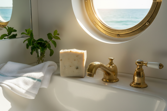 Spearmint Reef tallow soap bar beside a single-handle tap in a ship's head, sparkling ocean framed through a brass porthole beyond.