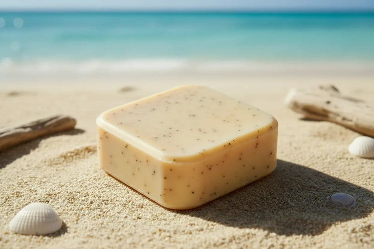 Square Tallow Shampoo Bar — Golden Ivory with Black Flecks, Beach Scene