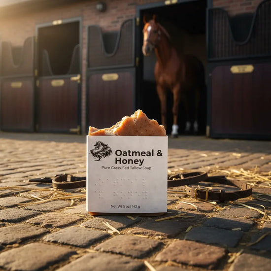 Oatmeal & Honey Certified Grass-Fed Tallow Soap bar in a stable yard with a horse, Blind Pirate Soap Co.